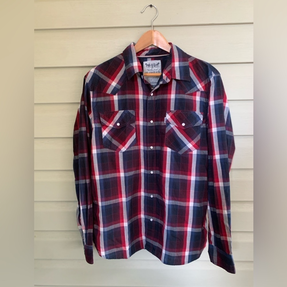LEVI’S western plaid Pearl snap shirt blue Red White Plaid sz L button down EUC - Picture 5 of 11